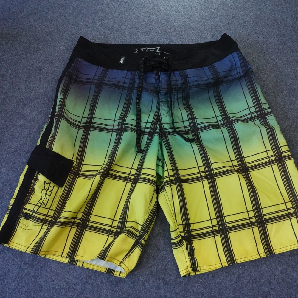 No Fear Mens Plaid Ombre Board Shorts Size 34 Purple Yellow Skater Y2K Cargo